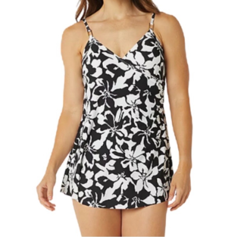 ✅Liz Claiborne Black and White Floral swim dres—-size :10( - Picture 3 of 12